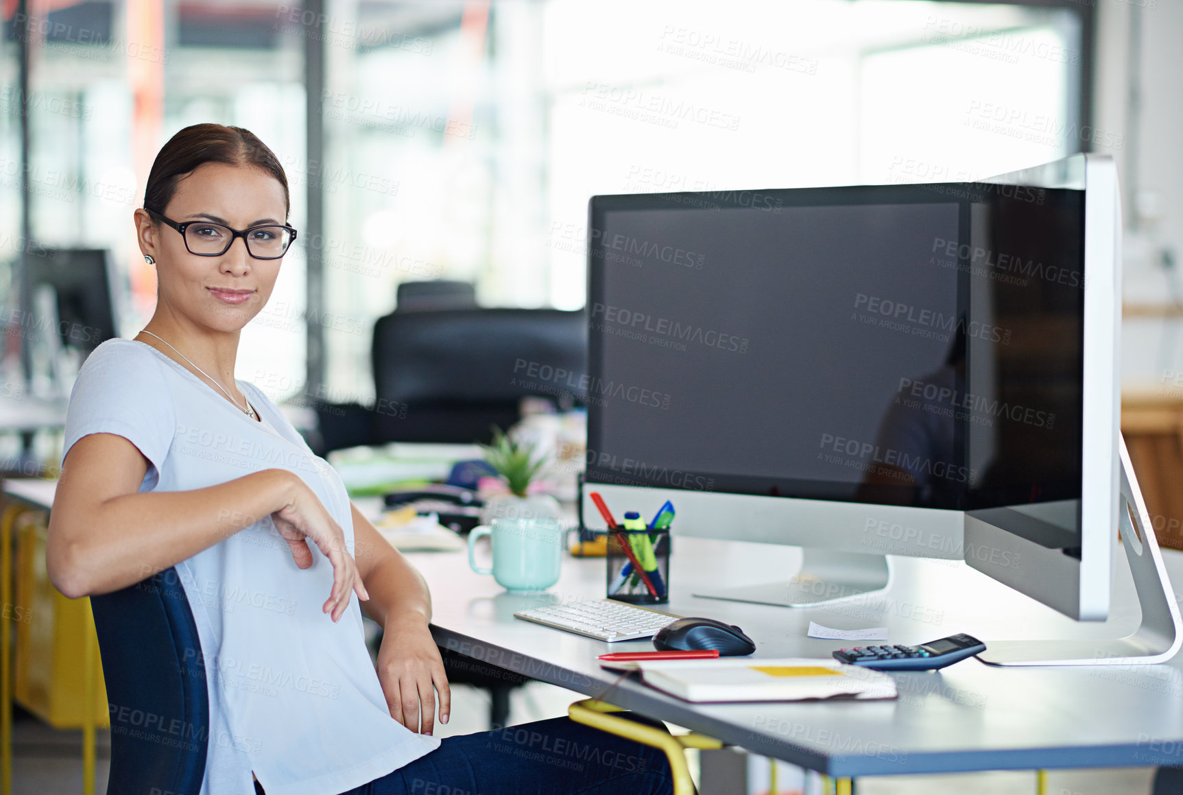 Buy stock photo Business woman, portrait and computer at desk in office for career, programmer and online company. Female person, creator and graphic designer at workplace for web developer, analytics and coding.