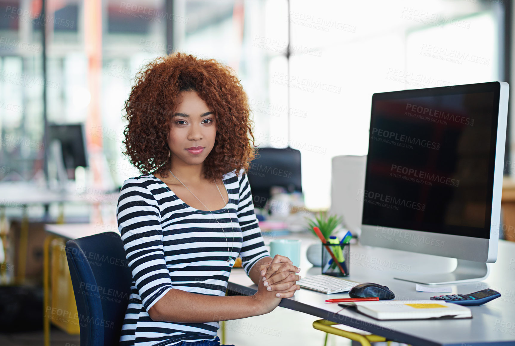 Buy stock photo African woman, portrait and business at desk in office for work, computer and online company. Female person, creator and creative designer at workplace for web developer, analytics and coding.