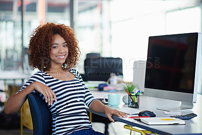 Buy stock photo Portrait, confident and woman designer in office for vision to planning, solutions and ideas for a creative startup business. Female person, developing and information on computer at workplace

