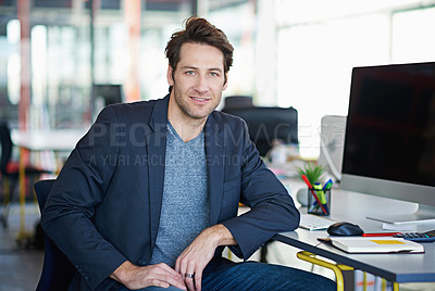 Buy stock photo Professional, happy and businessman in portrait in office for corporate work, career and copywriting for project. Journalist with smile, notebook and computer for connectivity or tech in workplace