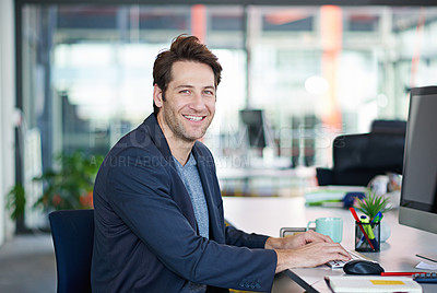 Buy stock photo Portrait, happy and businessman in office desk typing on laptop for planning, research and ideas with wireless technology. Professional, male person and working on finance project report on company
