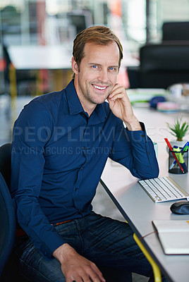 Buy stock photo Man, smile and portrait in office for company career, online planning and project management in workplace. Mature person or male analyst and happy for job in organisation for professional business
