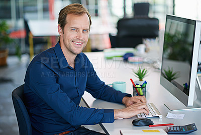 Buy stock photo Portrait, happy and male person in office desk typing on laptop for planning, research and ideas with wireless technology. Professional, businessman and working on finance project report on company