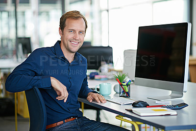 Buy stock photo Man, desk and computer in portrait with smile in office with designer for creative project. Businessman, table and workstation with technology for web design with graphic for website with confidence 