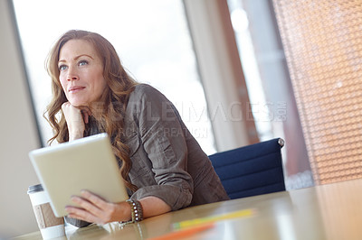Buy stock photo Thinking, woman and manager with tablet in office for internet, email and plan for job in creative career. Vision, idea and editor of magazine with tech in workspace for contact, web and social media