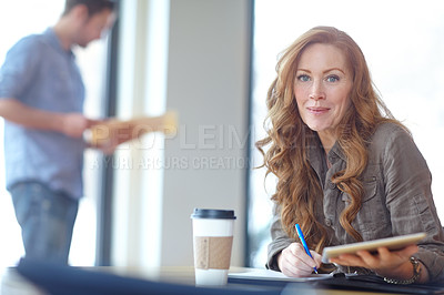 Buy stock photo Portrait, documents and woman with tablet for internet, email or plan for job in creative career. Vision, idea and editor of magazine with staff or tech in workspace for contact, web and social media