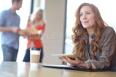 Buy stock photo Vision, coffee and woman with tablet for internet, email or plan for job in creative career. Document, thinking or editor of magazine with staff or tech in workspace for contact, web and social media