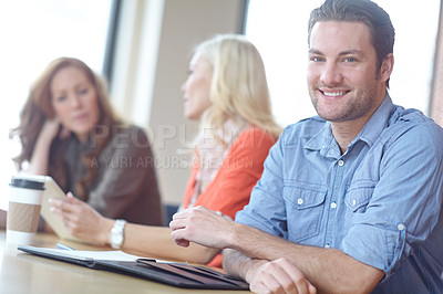 Buy stock photo Meeting, portrait and business man in office for collaboration, synergy or working on project together. Professional, teamwork and male employee for communication, planning or discussion in workplace