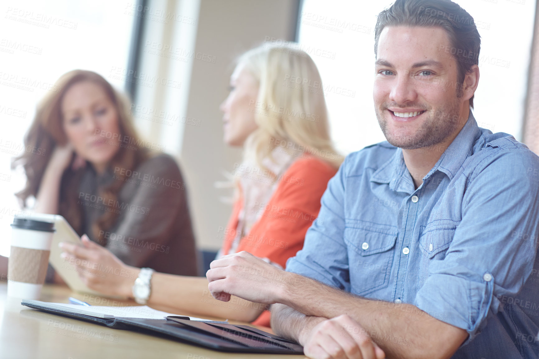 Buy stock photo Meeting, portrait and business man in office for collaboration, synergy or working on project together. Professional, teamwork and male employee for communication, planning or discussion in workplace