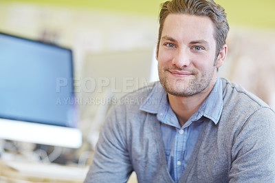 Buy stock photo Portrait, creative and businessman in office professional with computer, desktop and career in Germany. Workplace, designer and employee with laptop for startup project, job and entrepreneur person