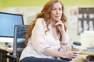 Buy stock photo Portrait, woman or coffee to relax at office, desk or confident of business, startup or workplace. Female designer, paper cup or pride to finish, work or career as creative animator in America 