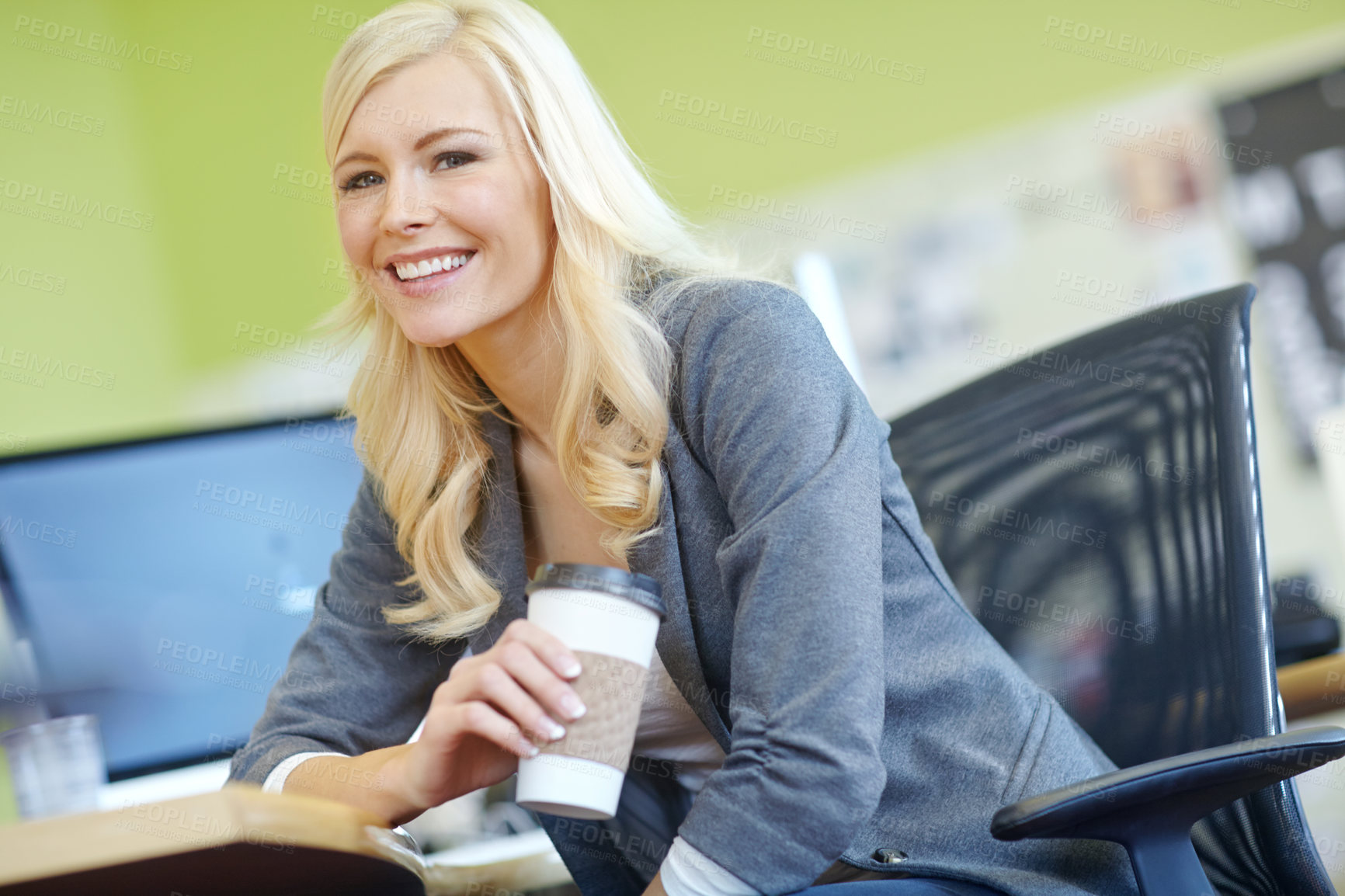Buy stock photo Business woman, portrait and coffee on break for lunch time, tea and snack at work. Female person, happy and confident for career, new opportunity or entrepreneurship with smile and confidence
