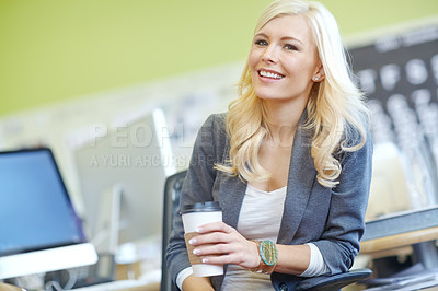 Buy stock photo Woman, office and employee with happiness in desk as hr manager with coffee for break and relax. Portrait, female person and smile with commitment for job, career growth and opportunity at work.
