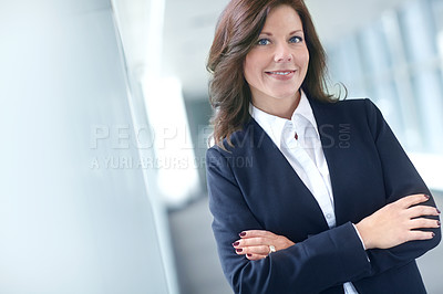 Buy stock photo Lawyer, portrait and confident or woman in workplace, justice worker and professional attorney in law firm. Business, pride and legal consultant or representative, corporate office and happy career