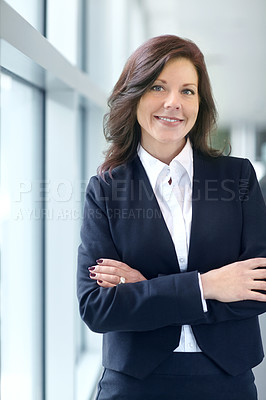 Buy stock photo Lawyer, portrait and smile or woman in office, justice worker and professional attorney in law firm. Business, pride and legal consultant or happy in career, corporate workplace and arms crossed