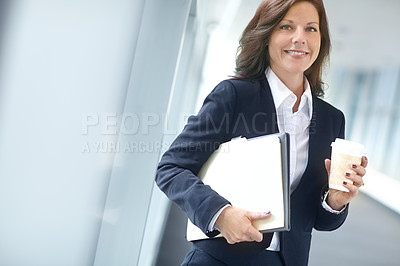 Buy stock photo Portrait, office and businesswoman in lobby with documents, coffee or report at legal consultancy. Tea beverage drink, happy advisor or confident lawyer with files, folder and paperwork in law firm