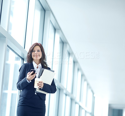 Buy stock photo Businesswoman, smile and portrait lawyer with smartphone, happy and browsing internet for court proceedings. Legal, representative and attorney on communication app, law firm and online advice
