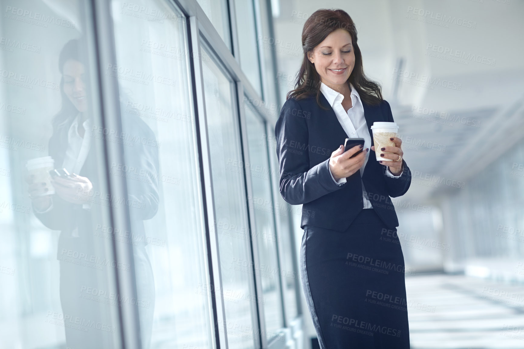 Buy stock photo Smile, news or businesswoman in office with phone or online connection for text message, media or chat. Consultant, lawyer or advisor typing on mobile app for reading case schedule, email or advice