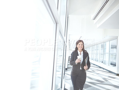 Buy stock photo Window, coffee and businesswoman in office with documents, beverage or report at legal consultancy. Drinking tea, happy advisor or confident lawyer with files, folder and paperwork in law firm lobby