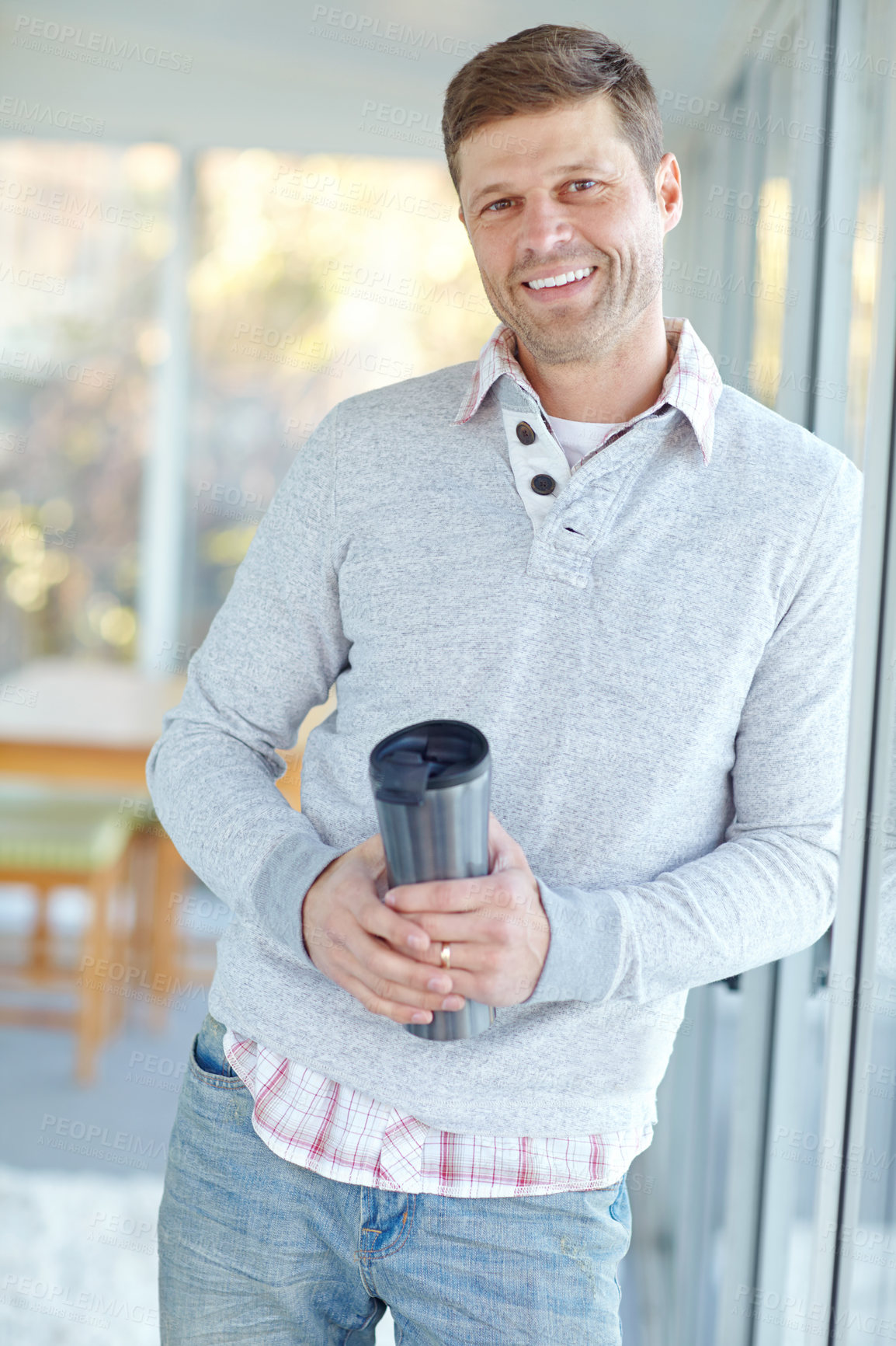 Buy stock photo Businessman, portrait and travel cup in home, professional and beverage for getting ready at work. Male person, employee and espresso drink for waking up in morning, confident and mug for cappuccino