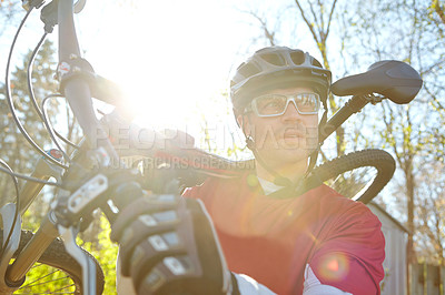 Buy stock photo Man, bicycle and thinking in nature for workout, travel and fitness or exercise in countryside. Cycling, training and outdoor sports with idea or male person in morning for cardio, wellness or health