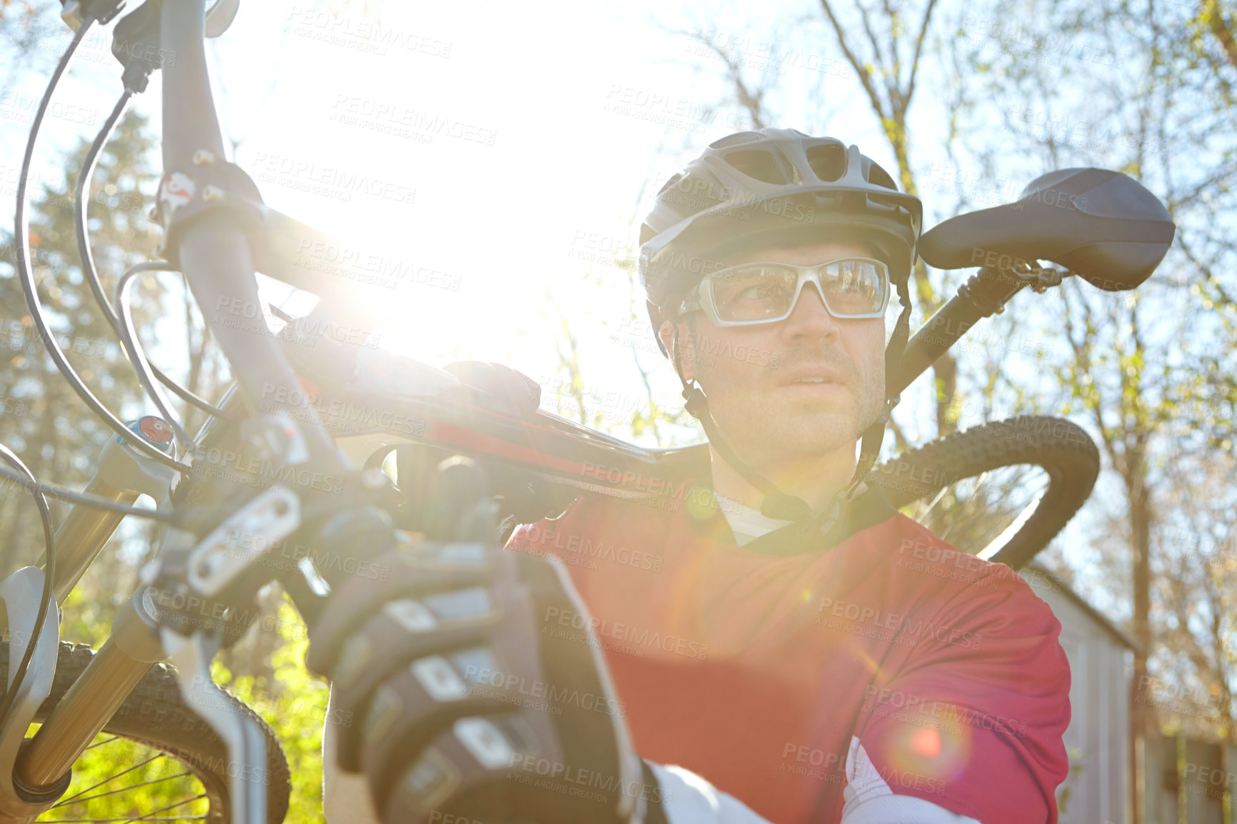 Buy stock photo Man, bicycle and thinking in nature for workout, travel and fitness or exercise in countryside. Cycling, training and outdoor sports with idea or male person in morning for cardio, wellness or health