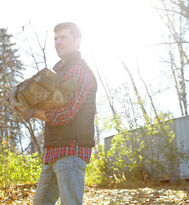 Buy stock photo Deforestation, thinking and wood with lumberjack man in forest for industry, logging or process. Environment, stock and sustainability with professional person in nature or woods for conservation