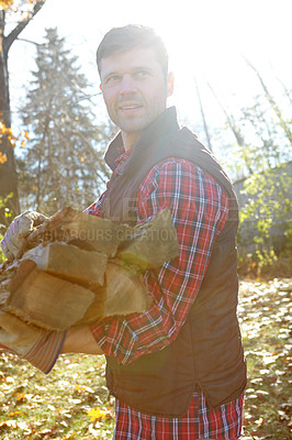 Buy stock photo Deforestation, outdoor and wood with lumberjack man in forest for industry, logging or process. Environment, stock and sustainability with person thinking in nature or woods for autumn conservation