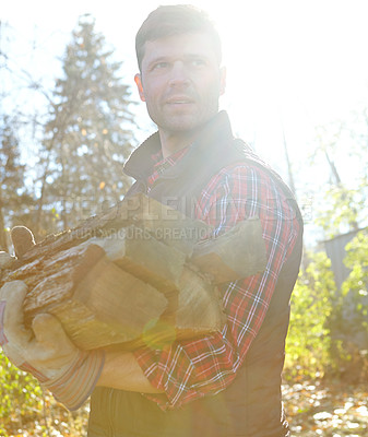 Buy stock photo Carrying wood, sustainability and lumberjack man in forest for industry, logging or process. Deforestation, stock and thinking with professional person in nature or woods for autumn conservation