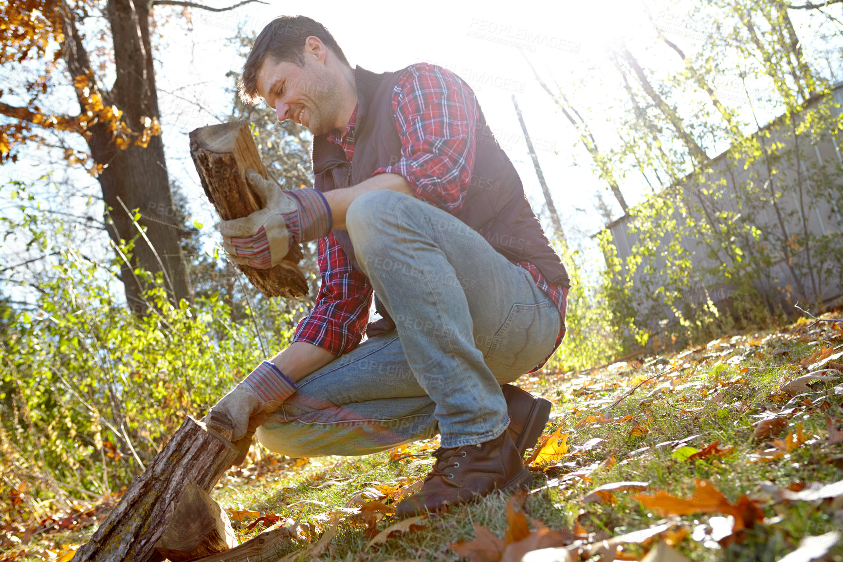 Buy stock photo Man, forest and happy with wood for fire or survival with camping for adventure and explore in Canada. Male person, outdoor and smile with firewood in nature for warmth on campsite and countryside