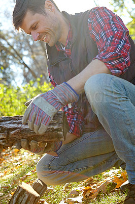 Buy stock photo Man, lumberjack and happy with wood in nature, autumn season and forest management. Environmental sustainability,  harvest trees and logging site in wilderness, safety gloves and collecting timber