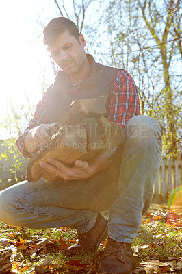 Buy stock photo Man, lumberjack and working with wood outside, autumn season and forest management. Environmental sustainability,  harvest trees and logging site in wilderness, safety gloves and collecting timber