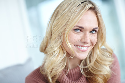 Buy stock photo Happy, woman and relax with portrait in home for rest, comfort and stress free on weekend for day off. Girl, smile and lounge in house or apartment for chilling or unwind, joyful and confident.