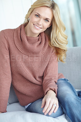 Buy stock photo Portrait, relax or happy woman in home on sofa for comfort and profile picture in living room in Sweden. Smile, fashion and confident person on couch with casual clothes or jeans for trendy style