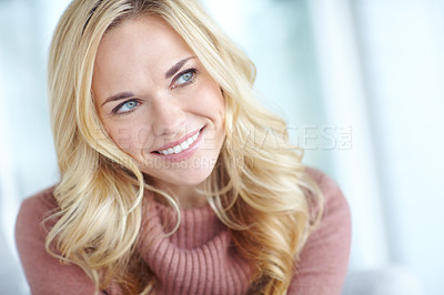 Buy stock photo Thinking, woman and relax with smile in home for rest, comfort and stress free on weekend for day off. Girl, happy and lounge in house or apartment for chilling or unwind, joyful and confident.