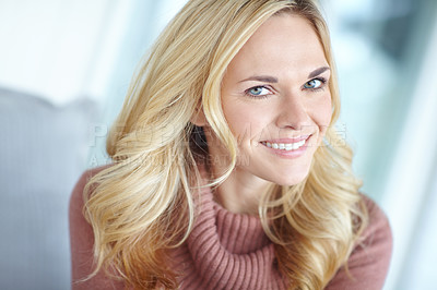 Buy stock photo Smile, woman and relax with portrait in home for rest, comfort and stress free on weekend for day off. Girl, happy and lounge in house or apartment for chilling or unwind, joyful and confident.