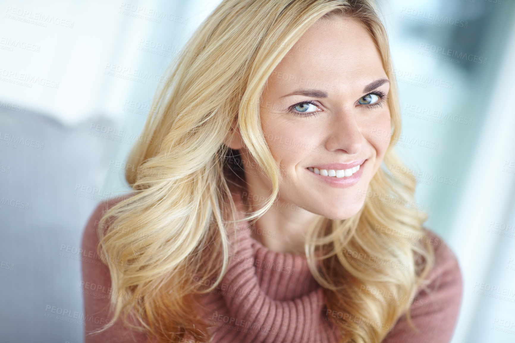 Buy stock photo Smile, woman and relax with portrait in home for rest, comfort and stress free on weekend for day off. Girl, happy and lounge in house or apartment for chilling or unwind, joyful and confident.