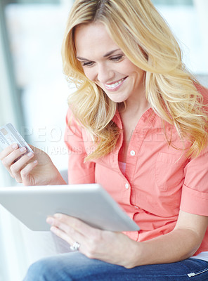 Buy stock photo Tablet, credit card and smile of woman, ecommerce and happy with discount, sale and online shopping. Browsing, customer and joy of purchase of digital product, relax and mobile app in lounge of house