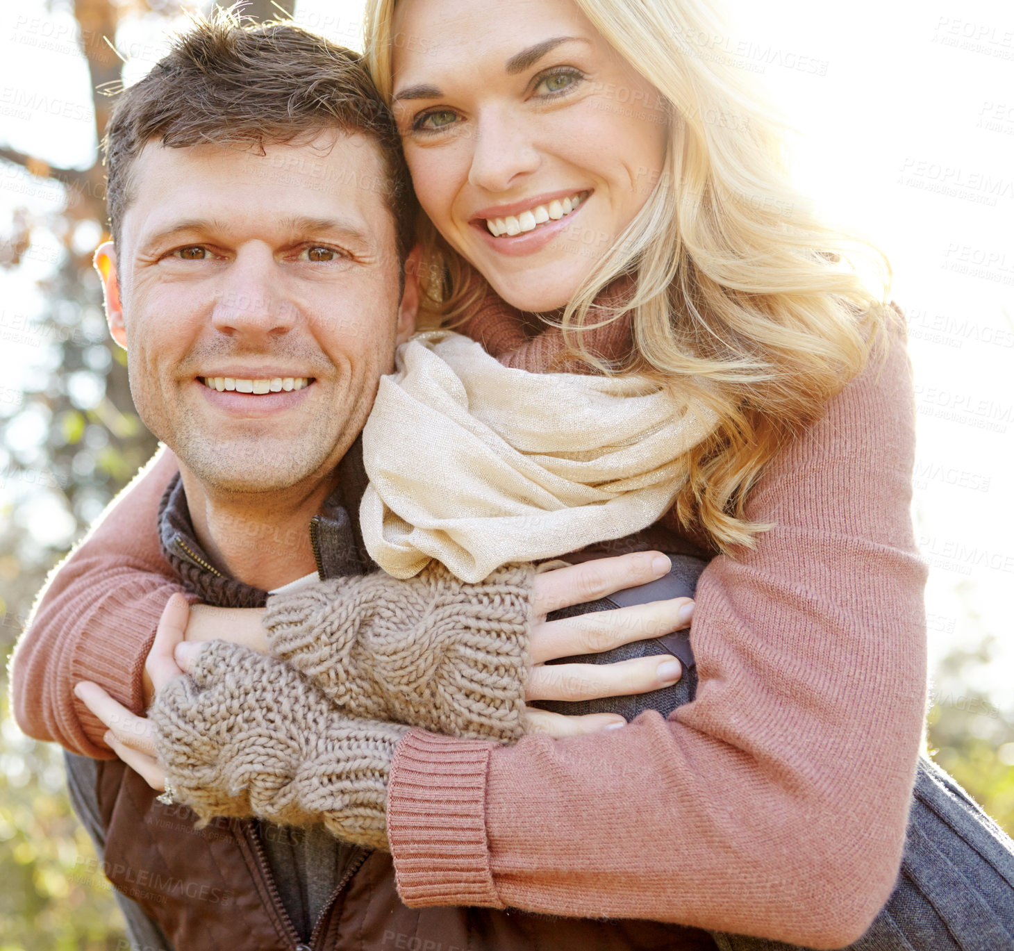 Buy stock photo Happy, couple and portrait with piggyback in forest for outdoor adventure, break and love in morning. Man, woman and smile with affection in nature for anniversary, weekend and tourism in Norway