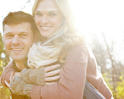 Buy stock photo Couple, smile and portrait with piggyback in woods for outdoor adventure, break and love in morning. Woman, man and happy with affection in nature for weekend, anniversary and tourism in Norway