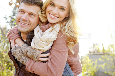 Buy stock photo Couple, smile and portrait with piggyback in forest for outdoor adventure, break and love in morning. Man, woman and happy with affection in nature for anniversary, weekend and tourism in Norway