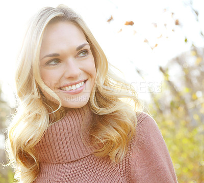 Buy stock photo Thinking, smile and woman in forest on vacation, holiday or travel outdoor in nature. Dream, happy girl and relax in park for adventure, hiking or trekking in woods on trip for peace in Switzerland