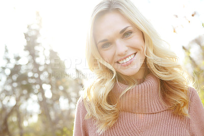 Buy stock photo Portrait, smile and woman at park on vacation, holiday or travel outdoor in nature. Face, blonde or happy girl relax in forest for adventure, hiking or trekking in woods on trip for tourism in Norway