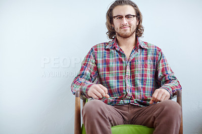 Buy stock photo Creative, happy and man relax with portrait in office for tech support, system engineer and professional for business. Male it specialist, pride and confidence for career as network administrator.