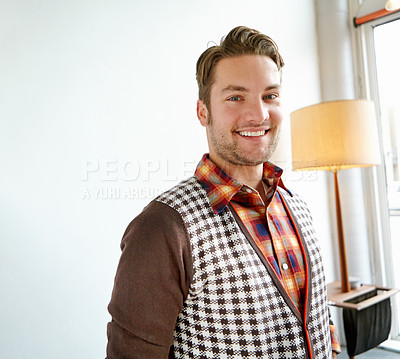 Buy stock photo Portrait, man and casual in home for fashion, wardrobe and trendy clothes with satisfaction. Male person, outfit and style with confidence as sales representative, vintage shirt and pride in lounge