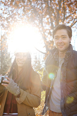 Buy stock photo Happy, couple and photography in morning with camera for hiking and camping in woods or park. Forest, man and woman or photographer in nature for travel, memory and partner or together for adventure