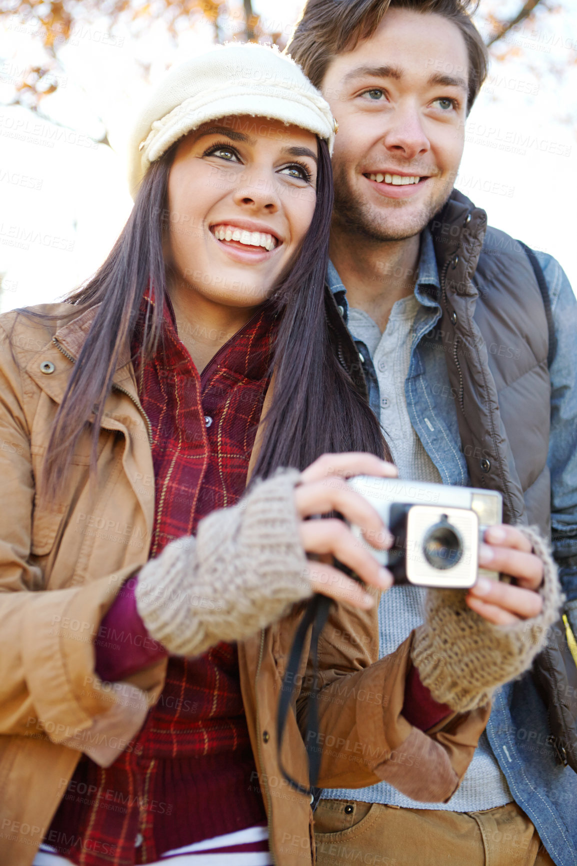 Buy stock photo Smile, couple and photography in nature with camera for hiking and camping in woods or park. Forest, man and woman or photographer outdoor for travel, memory and partner or together for adventure