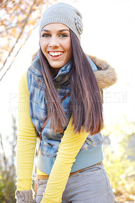 Buy stock photo Happy, woman and portrait with camping in forest for outdoor adventure, weekend and winter holiday. Morning, nature and female person with smile for vacation trip, peace and tourism in Norway