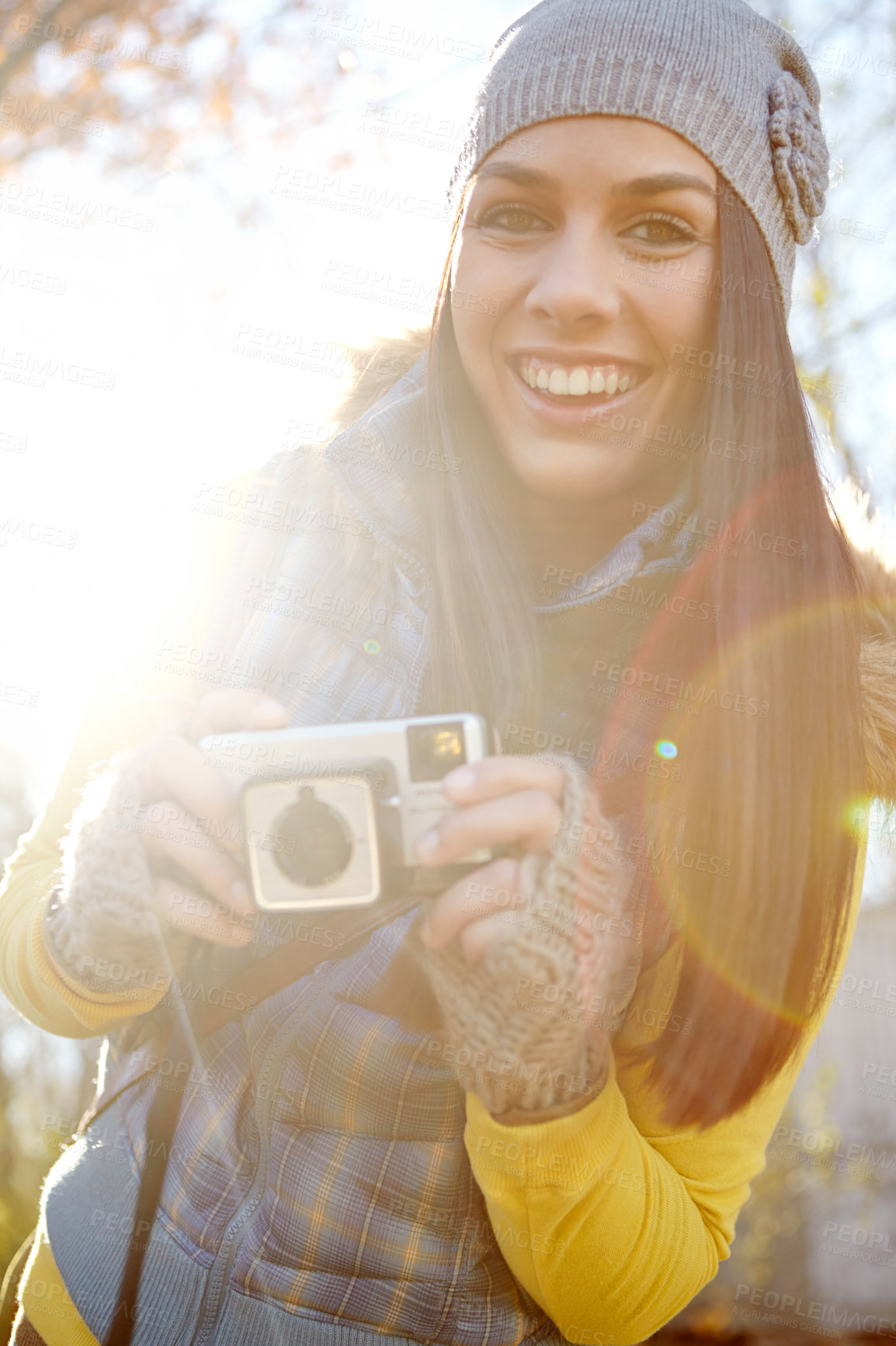 Buy stock photo Photography, woman and portrait with camera outdoor for adventure travel, explore nature and sightseeing memory. Smile, female photographer and vintage equipment for scenery of location destination
