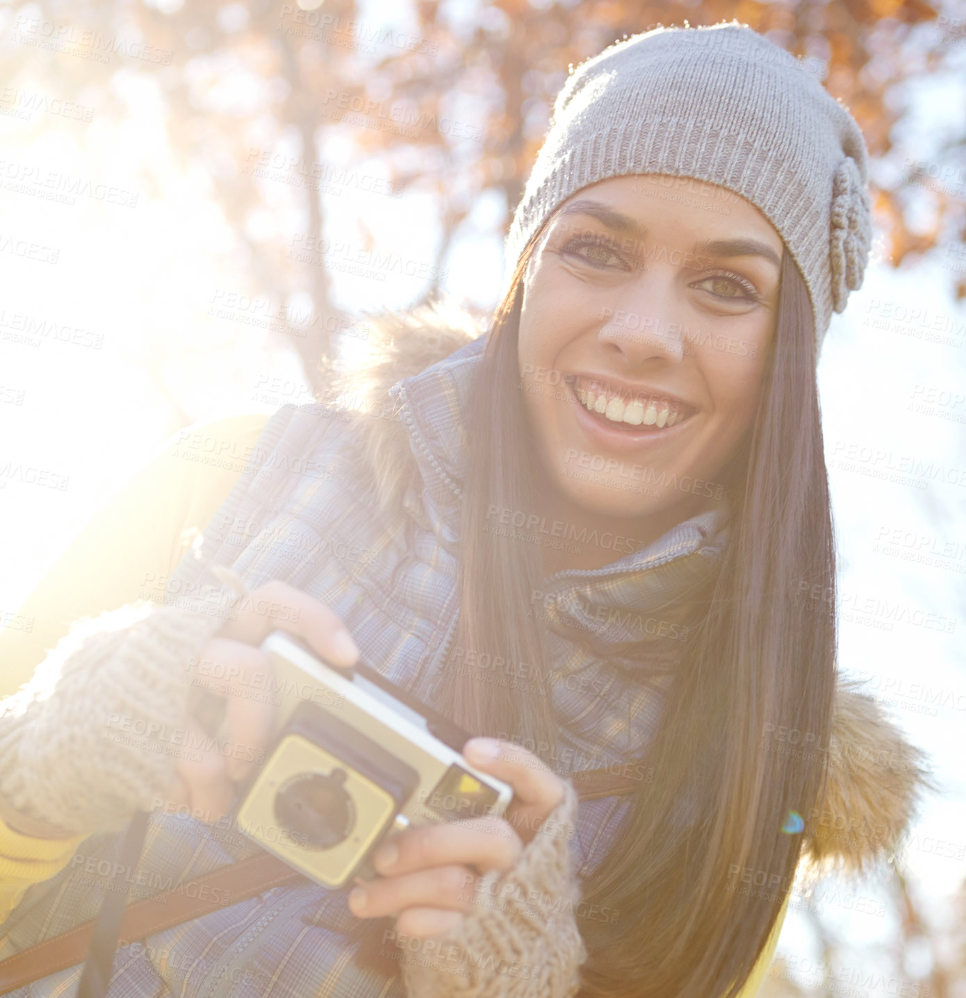 Buy stock photo Photography, portrait and woman with camera outdoor for adventure travel, explore nature and sightseeing memory. Smile, female photographer and vintage equipment for scenery of location destination